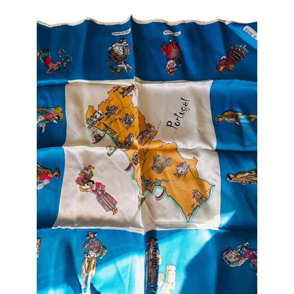 Blue & Cream Printed Silk Scarf with Cultural Motif